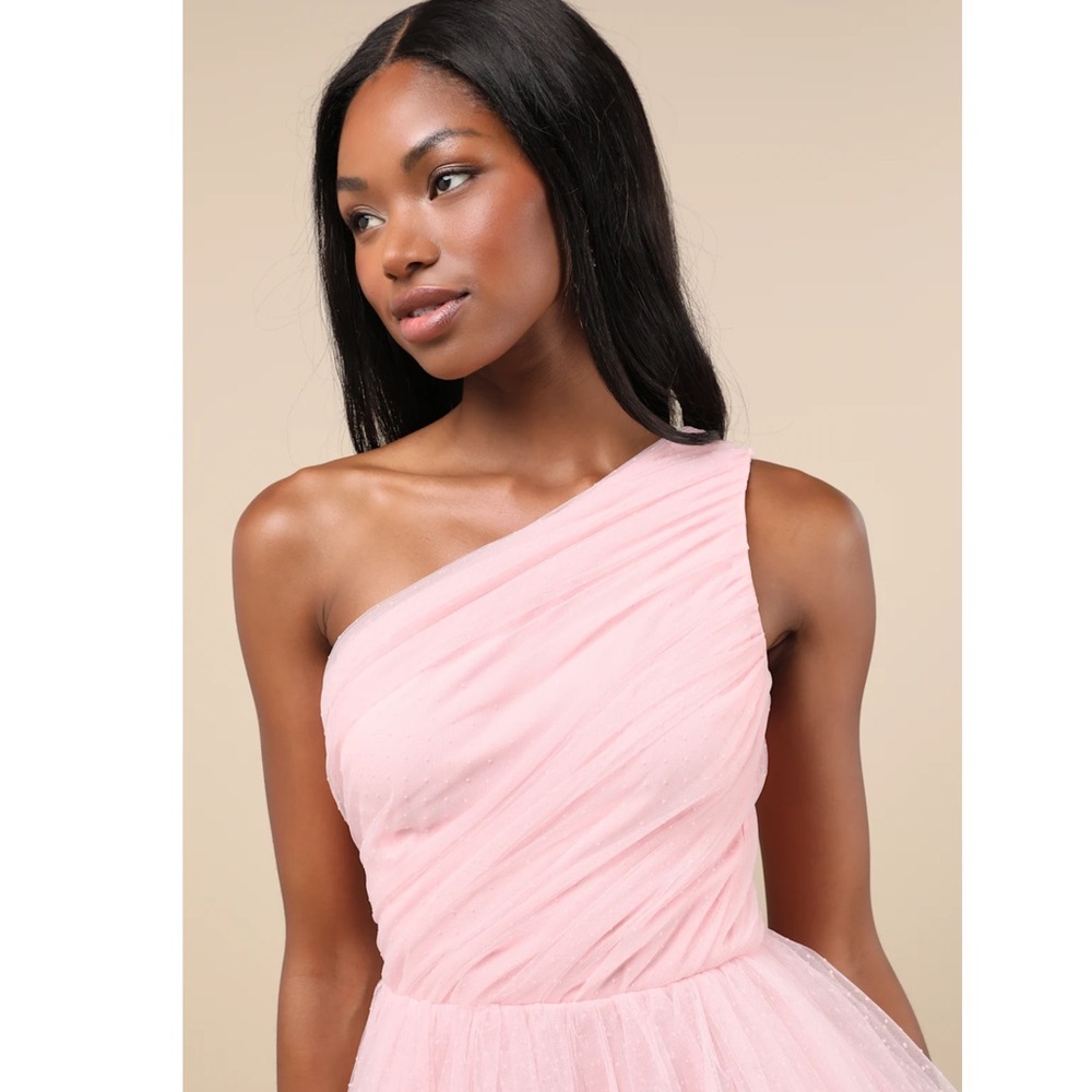 Lulus Exceptional Moments Light Pink Swiss Dot One-Shoulder Tulle Mini Dress S - Picture 4 of 12